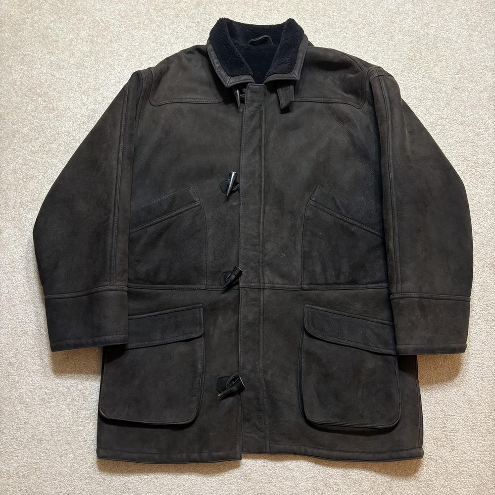 Vtg Sawyer of Napa Suede Shearling Jacket XL Duffle Coat Brown Zip Toggles Wool